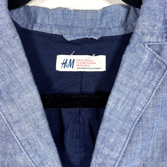 H&M Boys Chambray Blue Blazer Two Button Front Pockets Classic Style Youth 13-14 - Picture 2 of 12